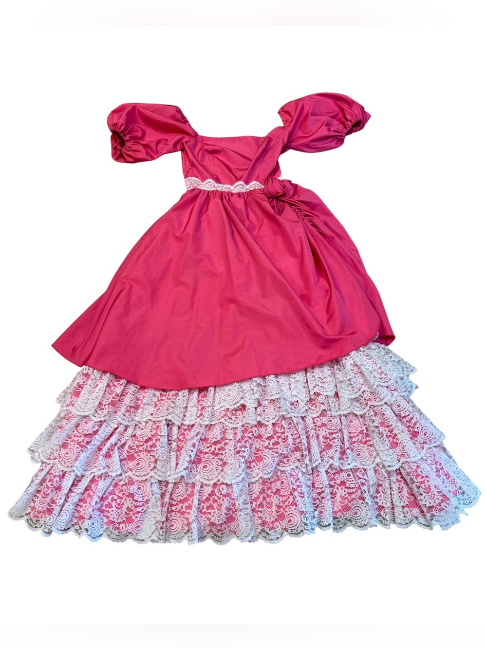 VTG 80s Off The Shoulder Puff Sleeve Lace Ruffle Southern Belle Prairie Dress S